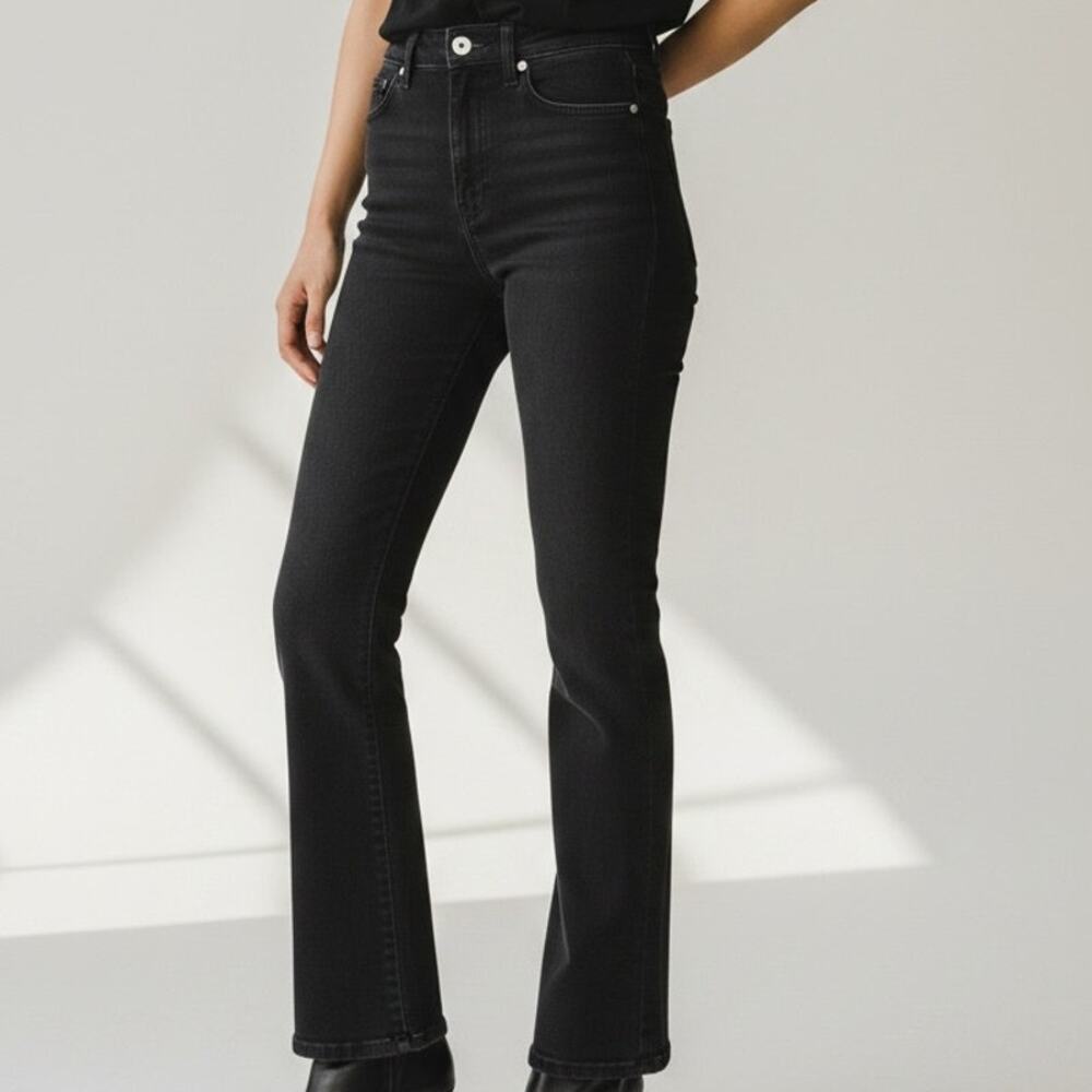 ZARA Flare High Rise Cotton Stretchy Slim Jean Slits Hem Zip Button 4 Black